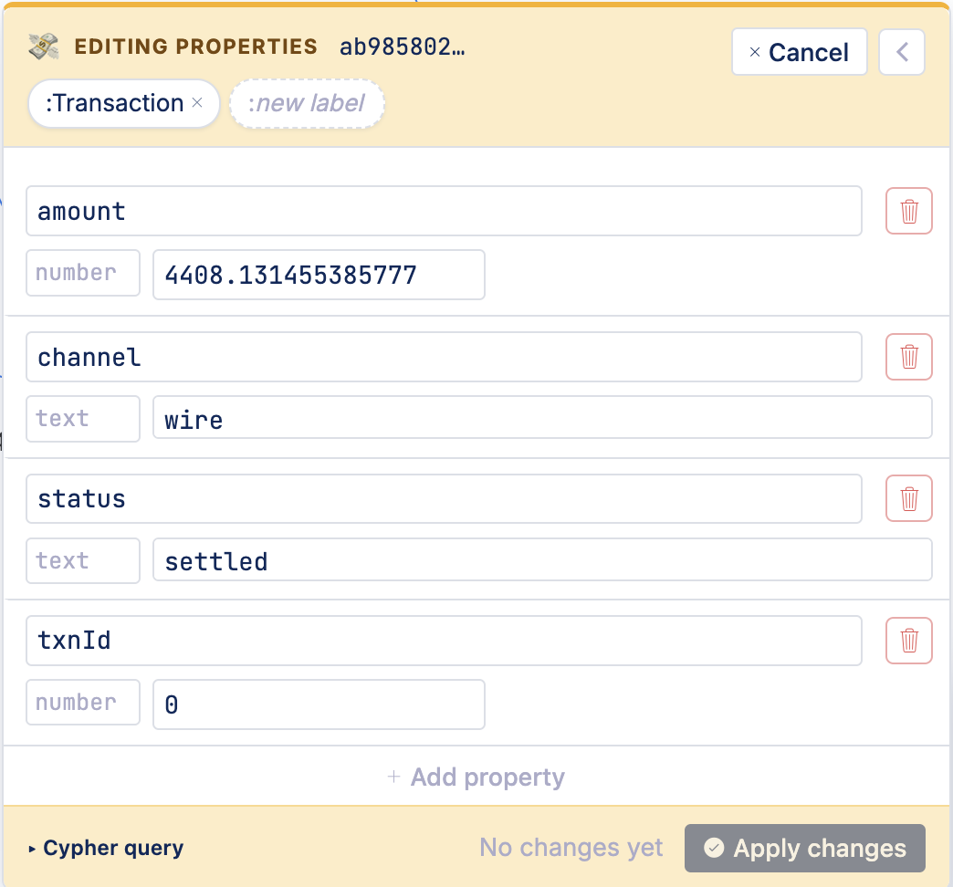The Editing Properties panel for a Transaction node, listing amount, channel, status and txnId with their types and values, plus an Add property button and an Apply changes button.