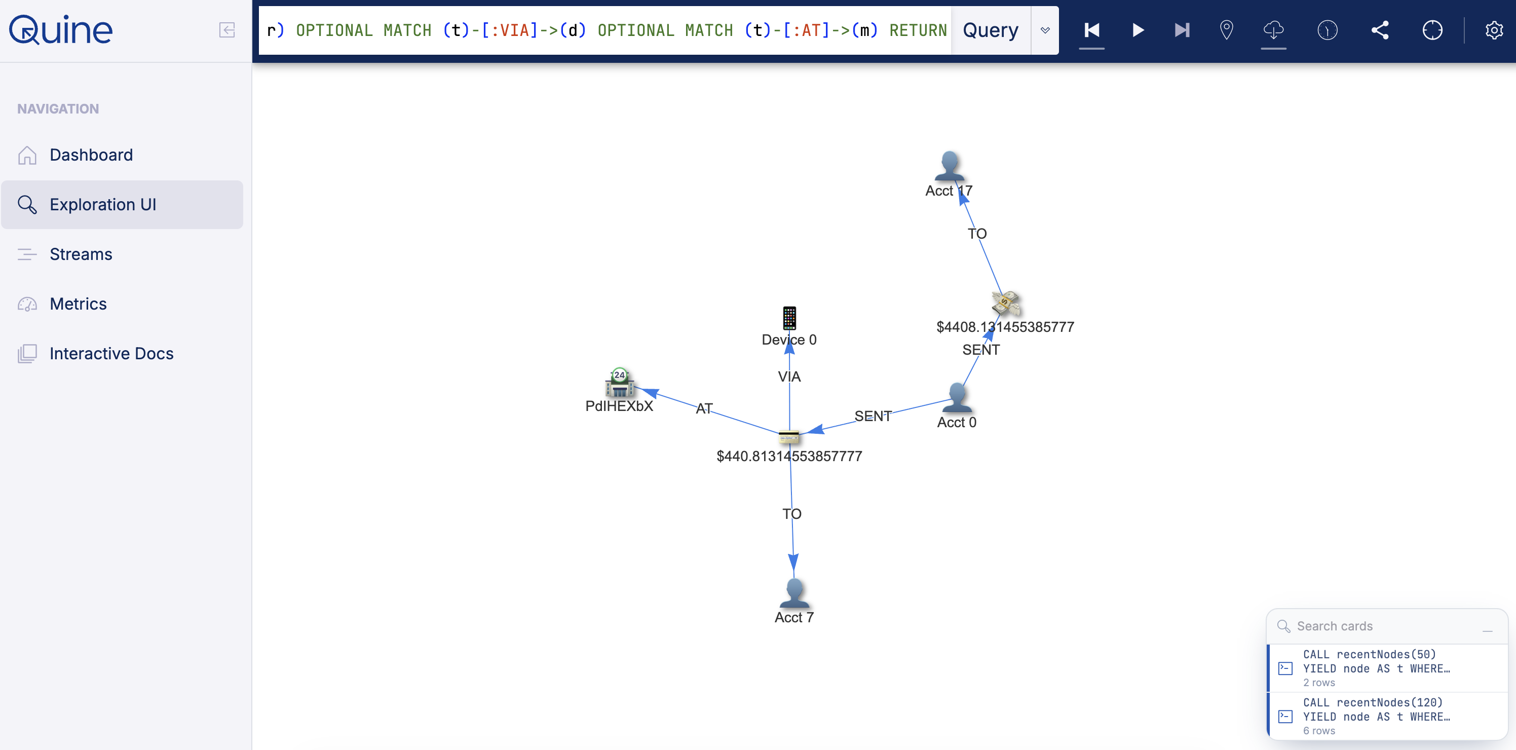The exploration canvas showing a small transaction graph of accounts, a device and a merchant, with two collapsed result cards stacked in a searchable list in the bottom right corner.