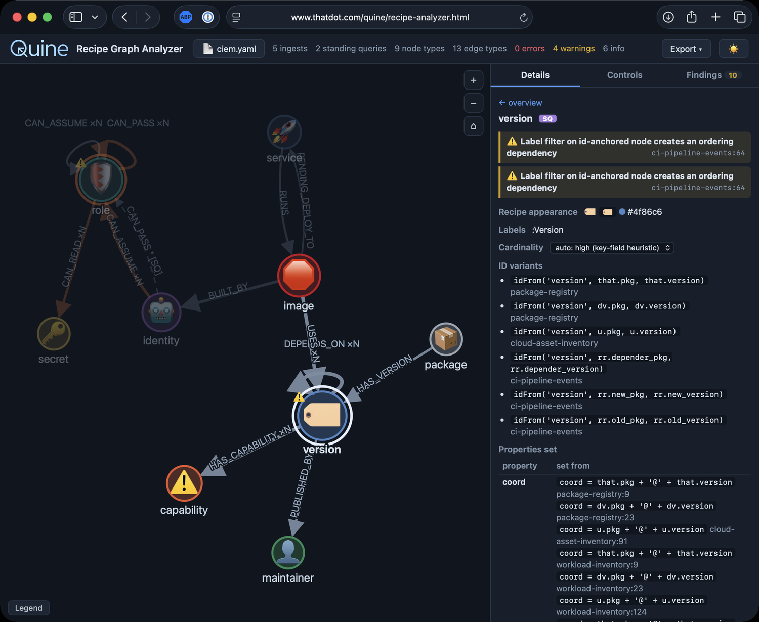The Details tab showing the inspector for the version node: its labels, cardinality, six idFrom variants across different streams, and the exact SET expression behind each property with source line numbers.