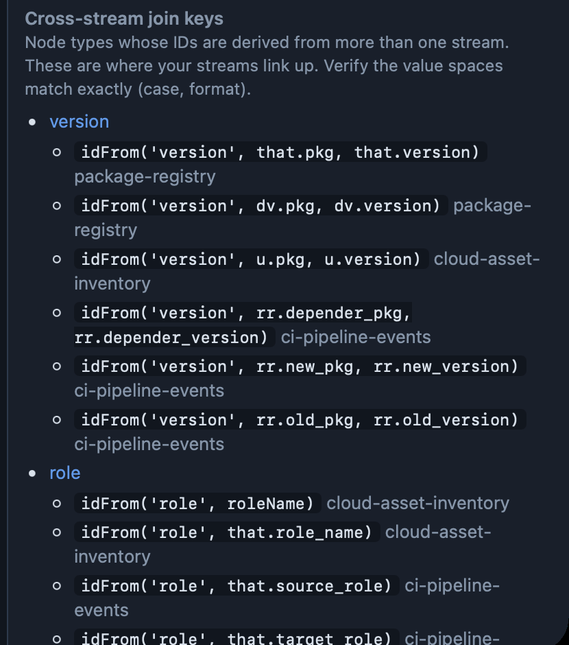 Cross-stream join keys, listing each idFrom expression that feeds a shared node identity across different streams.