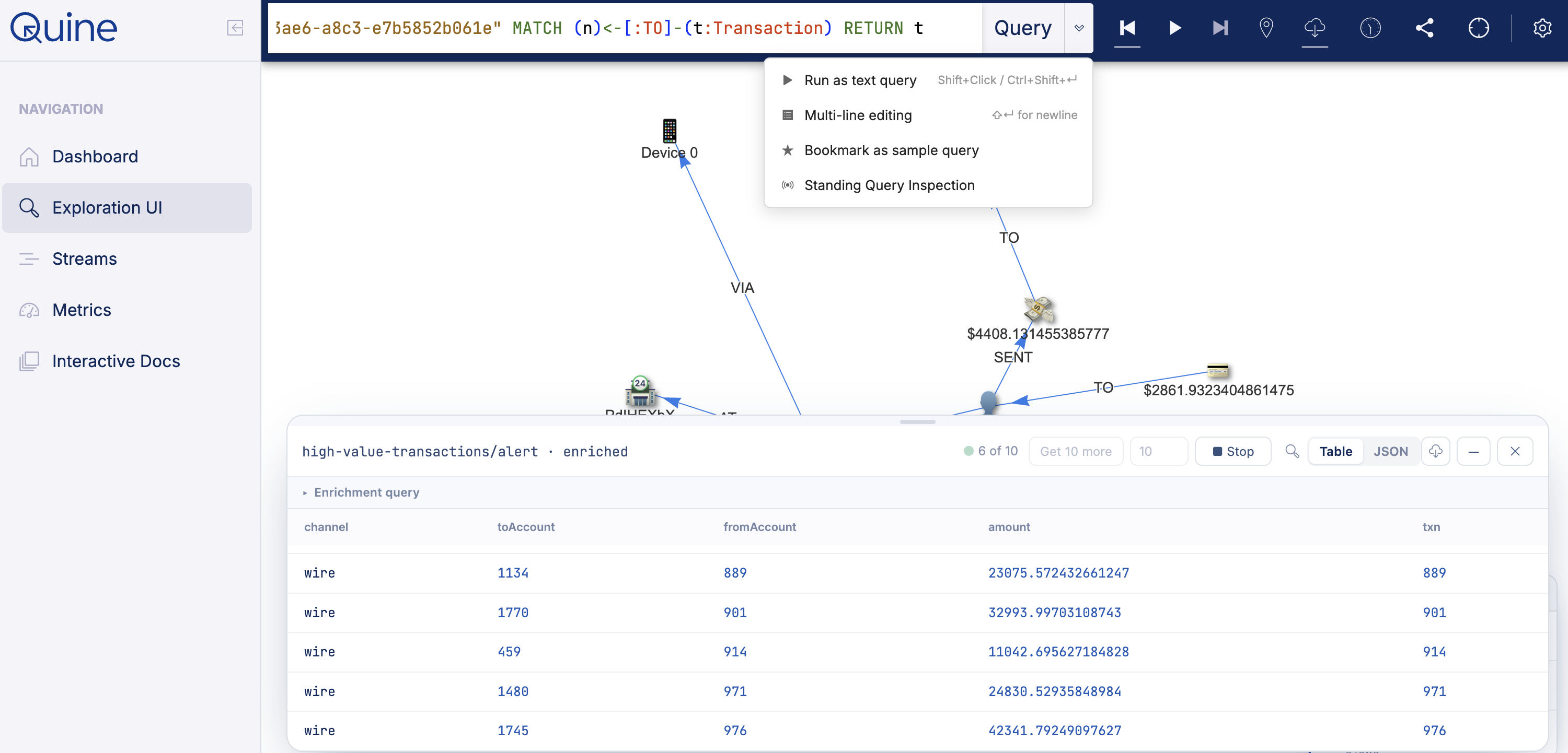 A live inspection card titled high-value-transactions/alert, enriched, showing 6 of 10 matches in a table of channel, toAccount, fromAccount, amount and txn, with a Stop button, floating over the graph canvas.