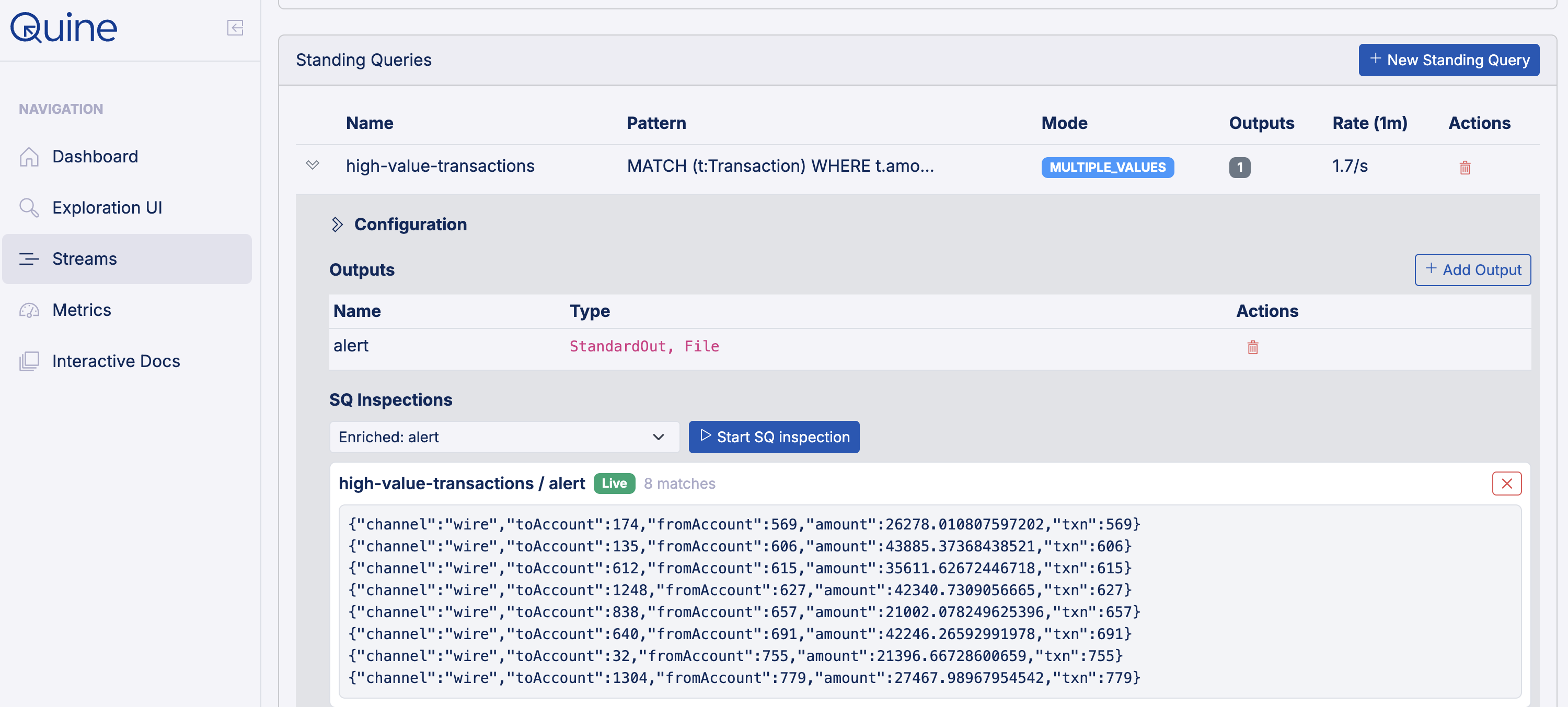 The Streams page with the high-value-transactions standing query expanded to reveal its configuration, its alert output, and an SQ Inspections control. Below them a panel marked Live streams eight JSON alert records.